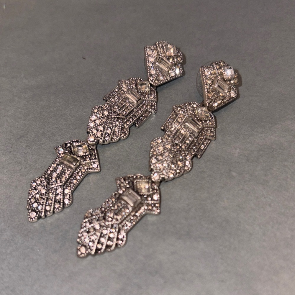 Stella and dot Casablanca art deco, Pavey earrings, silver tone with crystals